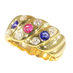 Antique 18K gold Victorian diamond sapphire and ruby ring